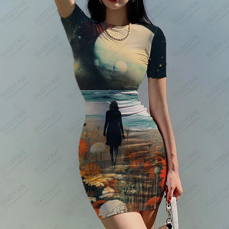 

Женское летнее платье с коротким рукавом, круглым вырезом и 3D-принтом