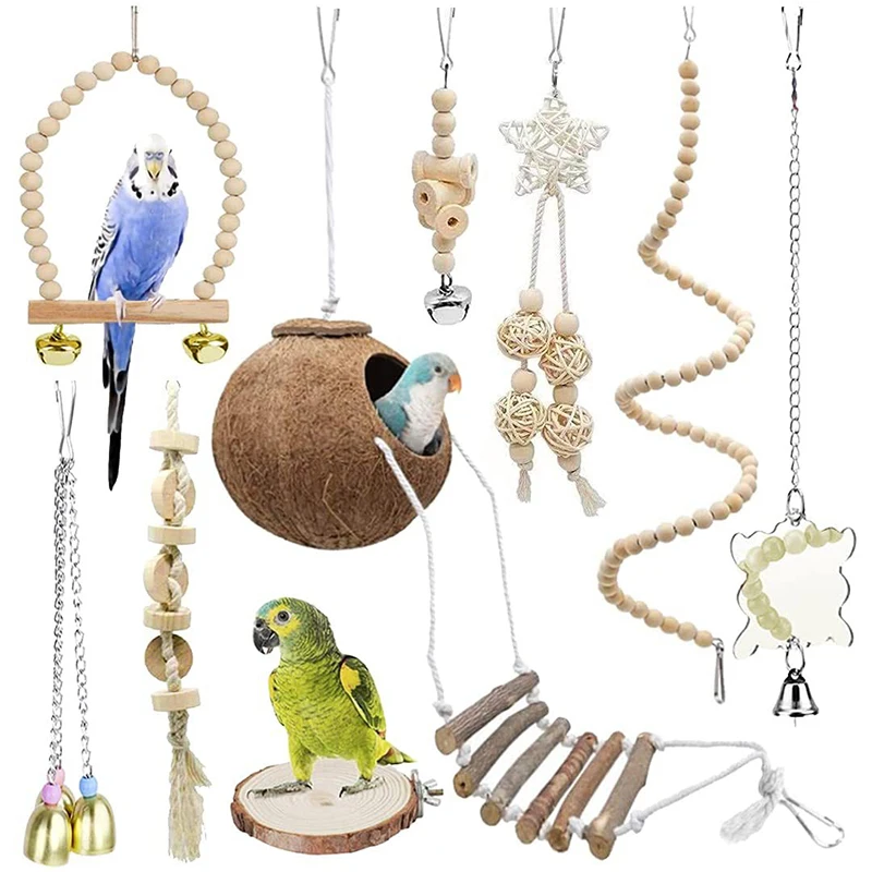 

HOT Parrot Toy Set Bird Cage Supplies Bird Accessories Cockatiel Coconut Nest Platform Swing Stairs Log Color Bird Crafts Toys