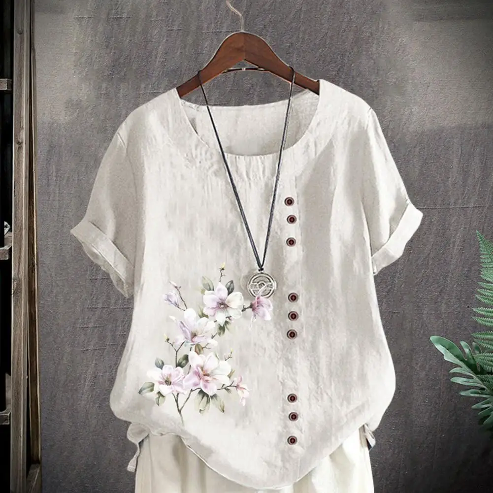 

Женская летняя рубашка с коротким рукавом и круглым вырезом