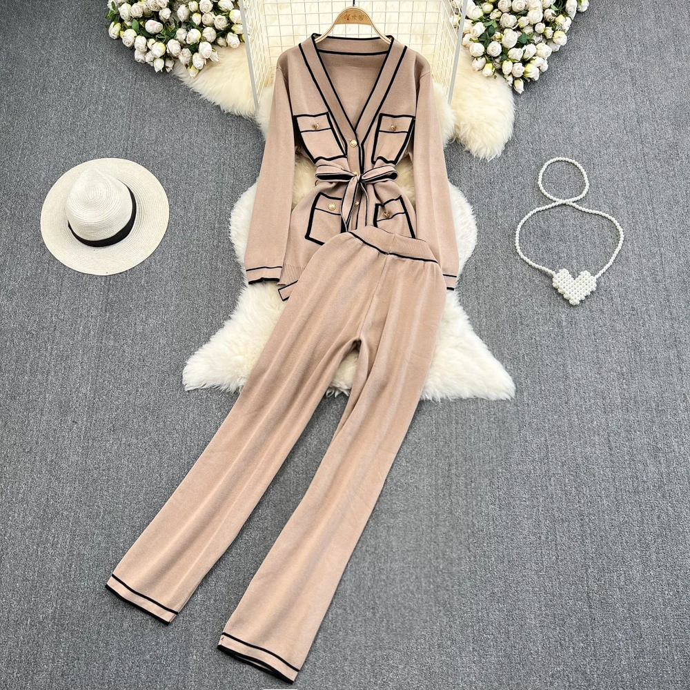 

Fashion Women Sets Retro Knitted Single Breasted Sweater Cardigan + Elastic Wide Leg Knit Pants One Set