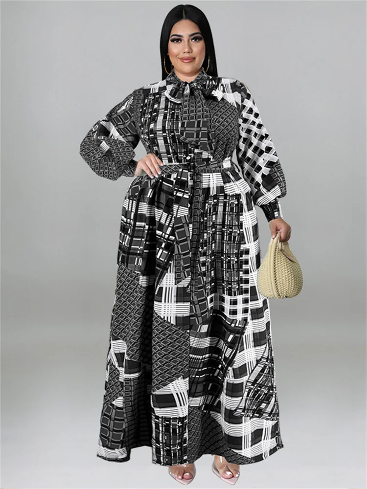 Plus Size Women Clothing Fall Dresses with Belt Loose Vintage Long Sleeve Print Big Hem Long Dress Who 3xl 4xl 5xl 6xl