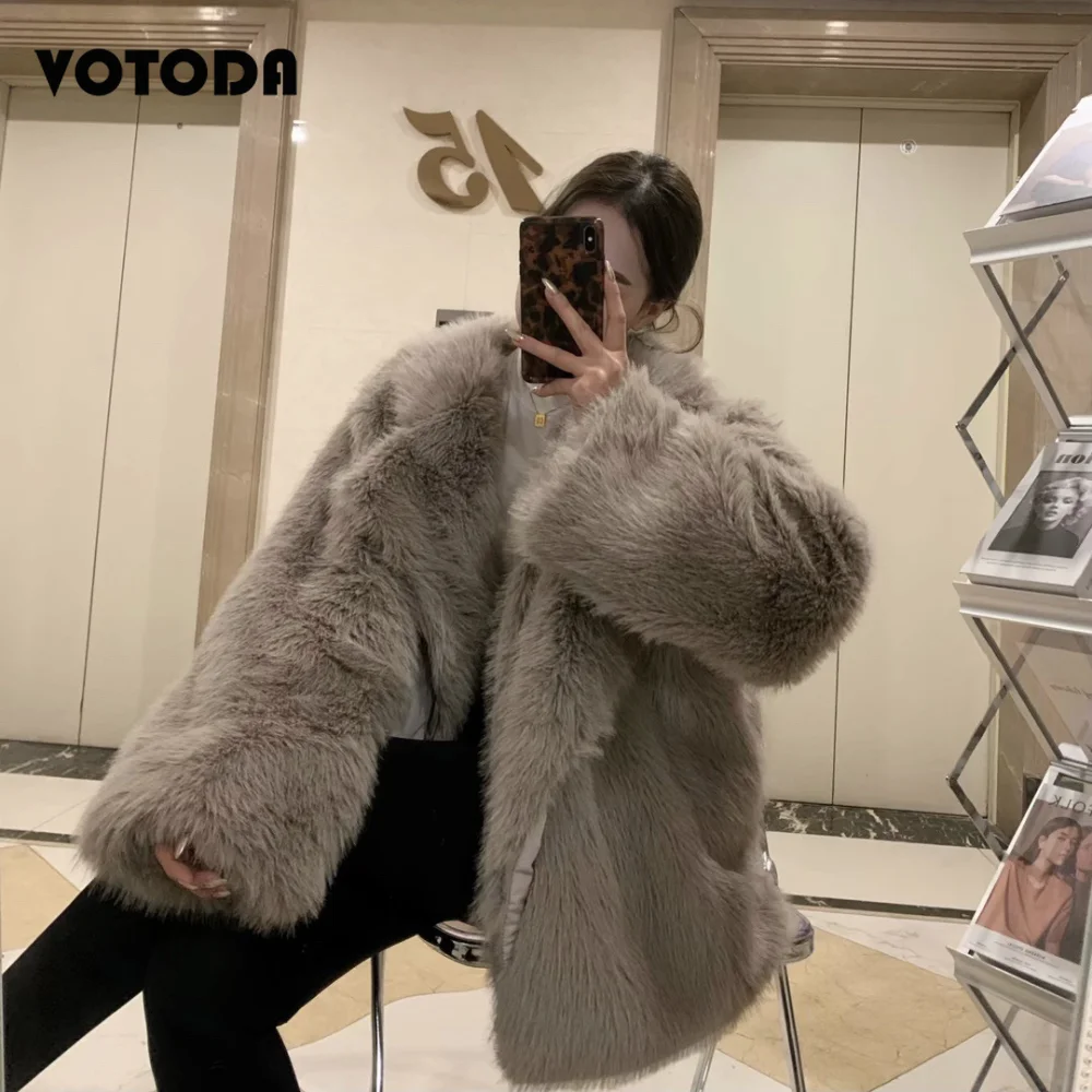 Women's Winter Long Fur Coats Fashion Casual Loose Turn-down Collar Jacket Warm Luxury Faux Fox Fur Overcoat Ladies Elegant Coat