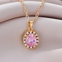 classic lucky pink zircon oval clavicle necklace for women party birthday gift gold necklace charm jewelry collar de mujer