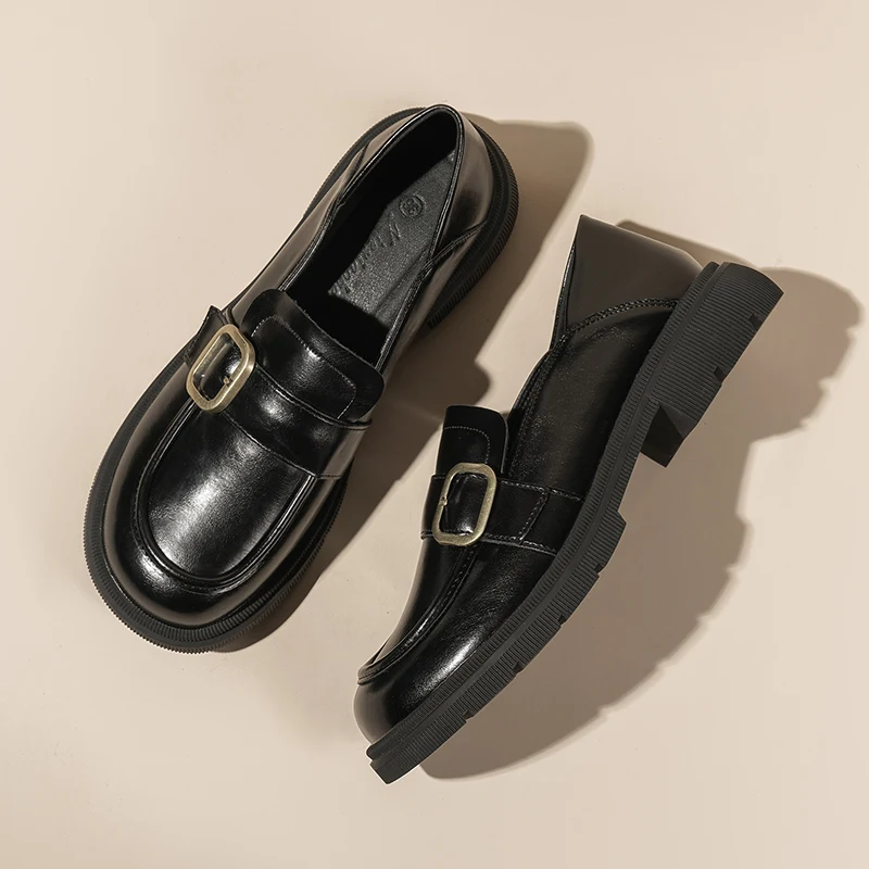 

Retro British style small leather shoes women's casual black loafers 2022 new spring and autumn thick sole shoes