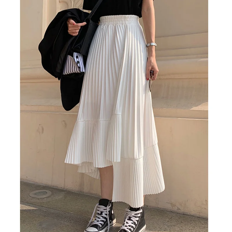 

Spring Summer Chiffon Skirts Fashion Female Vintage Elastic High Waist Casual Maxi Layered Skirts A-line Pleated Skirt Women