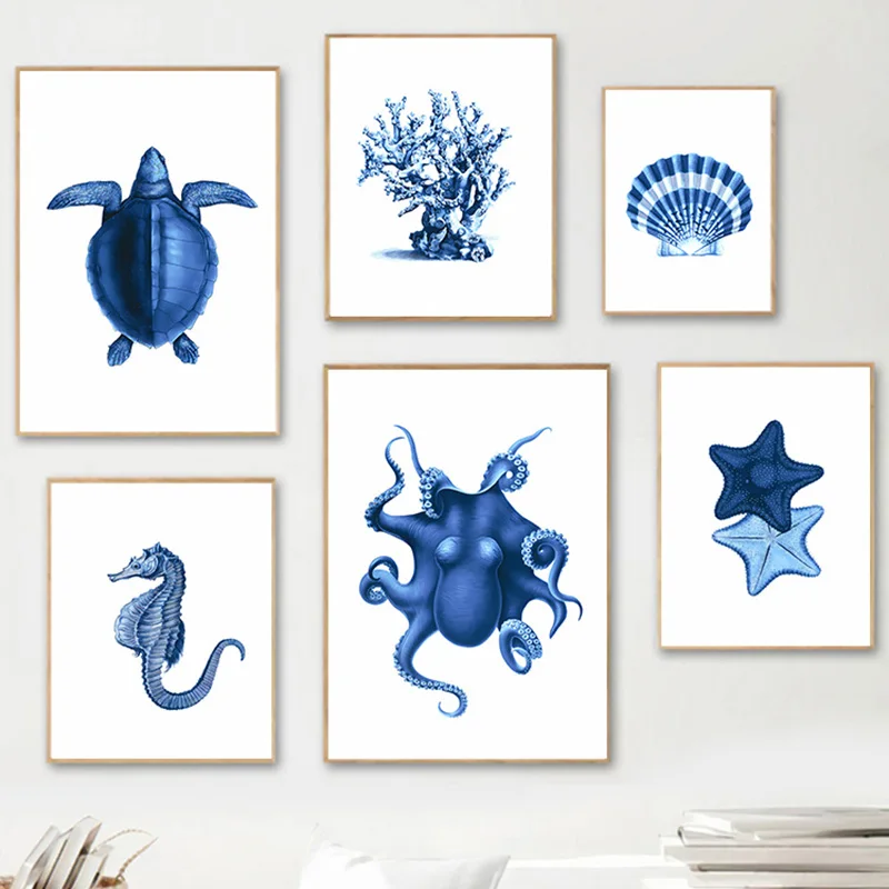 Темно-синий осьминог коралловый морской черепаха ракушка настенная живопись на