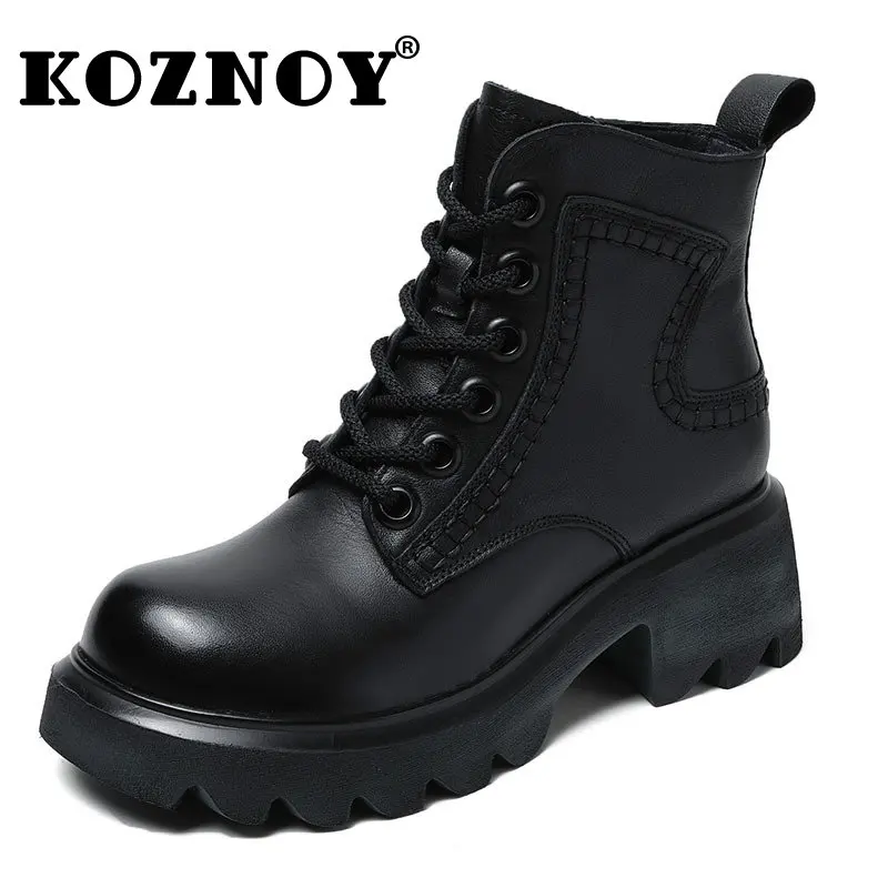 

Koznoy 6cm Rotro Natural Genuine Leather Platform Wedge Spring Autumn Ankle Mid Calf Motorcycle Booties Woman Moccassins Shoes