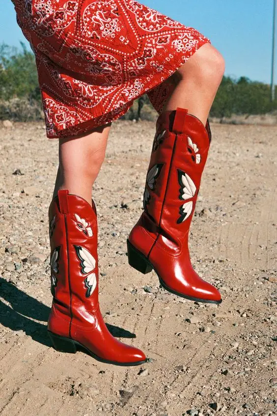Platform Chunky Western Mid Calf Women's Boots High Heels Embroidered Square Toe Pull On Fashion Cowgirl Cowboy Boots Female