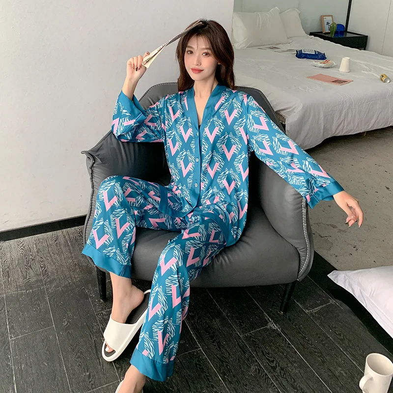 Women Pajamas Two Piece Set 2022 Spring New Ice Silk Long Sleeve Cardigan Suit Sexy Homewear Womaen Loungewear Sleepwear Sets