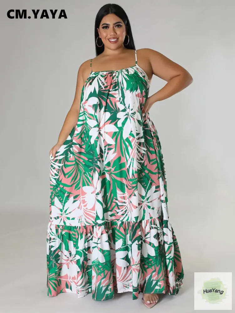 

HuYang Women Plus Size Autumn Spaghetti Strap Ruffles Hem Loose Maxi Long Floral Leaf Print Dresses Fashion Party Slim Dress