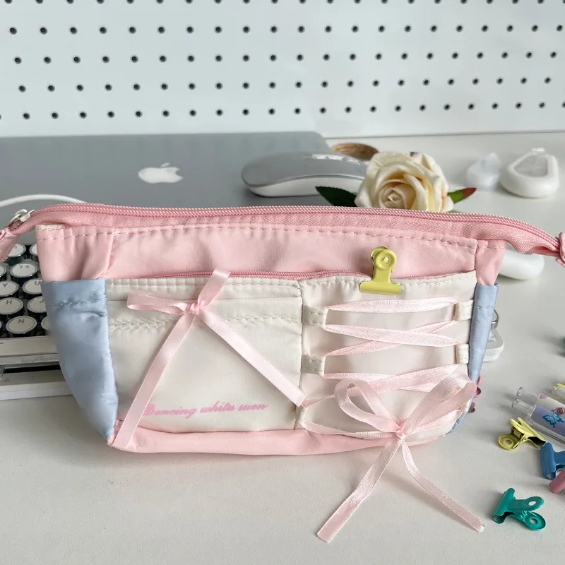 

Баллетный пенал с бантом и лентой, большая вместительная косметичка-органайзер для макияжа для девочек, эстетичная канцелярская сумка