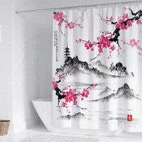 japanese ink bamboo shower curtain set black white plant bird pink flower chinese style fabric bathroom decor bath curtains
