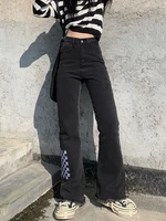 harajuku style streetwear tooling casual boot cut jeans fashion checkerboard design straight trouser denim trumpet wide leg pant