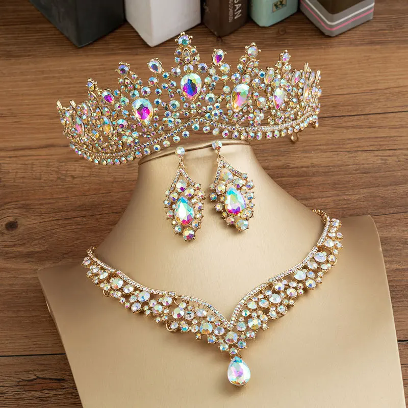 Baroque Gold AB Color Crystal Water Drop Bridal Jewelry Sets Rhinestone Tiaras Crown Necklace Earrings Wedding Dubai Jewelry Set