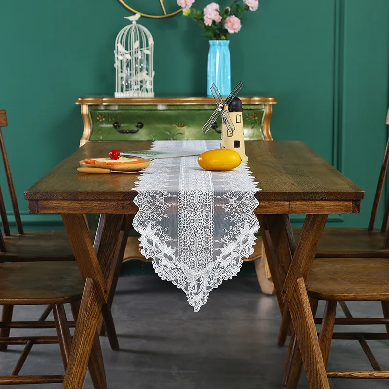 

White Hollow Embroidered Table Runner Transparent Lace Table Flag Printed Bed Runner Mat TV Cover Party Home Wedding Decor Cloth