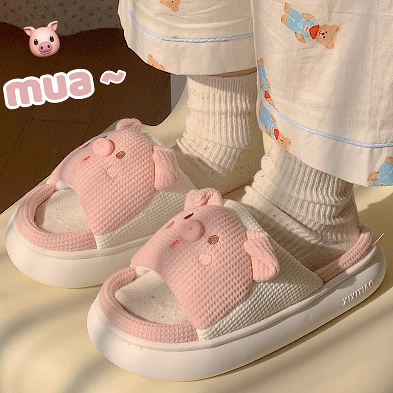 Hemp Women Slippers Cute Pink Piglet Modeling Design  Home Cotton Flax Ladies Casual Shoes Non-slip Bedroom Woman Slides Shoes