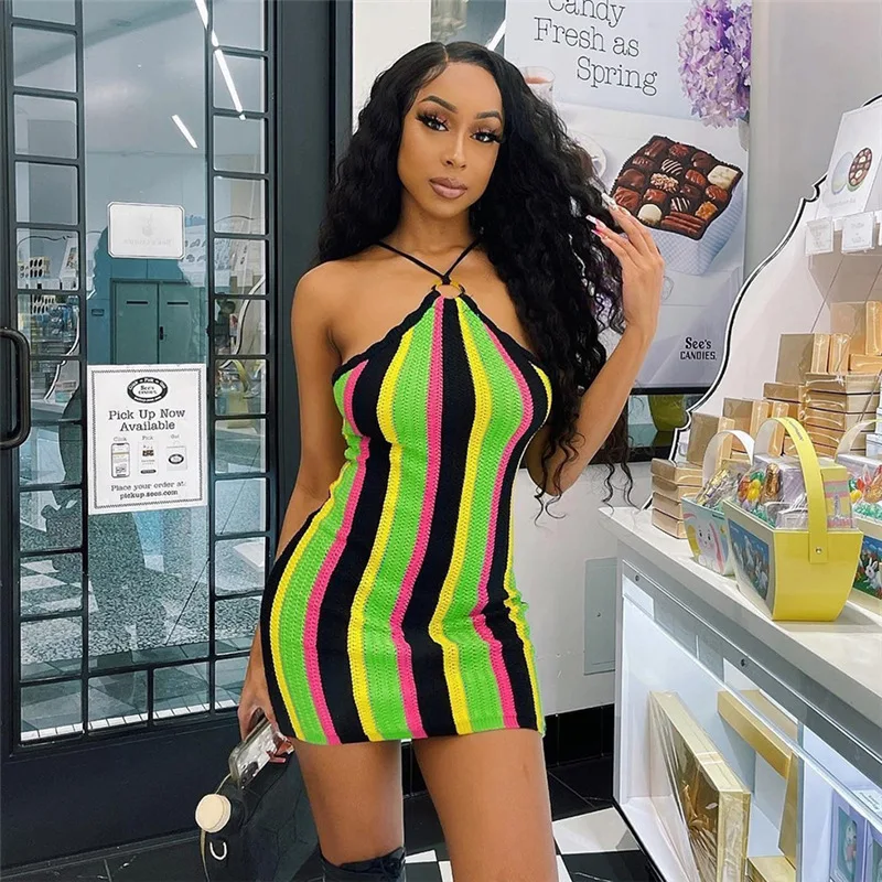 

Sexy Halter Sleeveless Mini Dress Women Knitted Patchwork Lace Up Wrapped Chest Backless Slim Color Match Attirewear Skirt