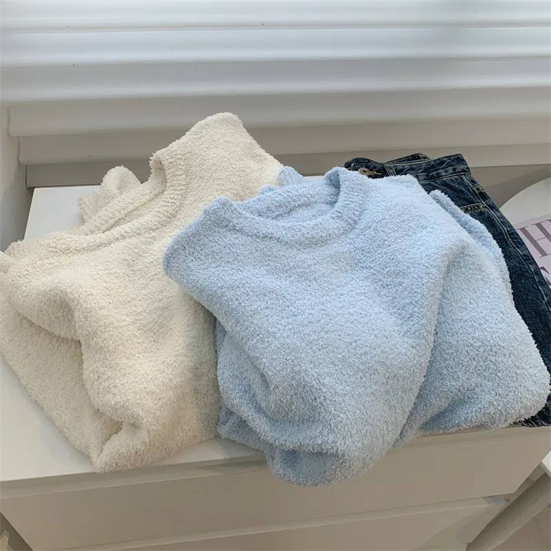 Пуловер из искусственной норки бархатный круглый вырез свитер с длинными