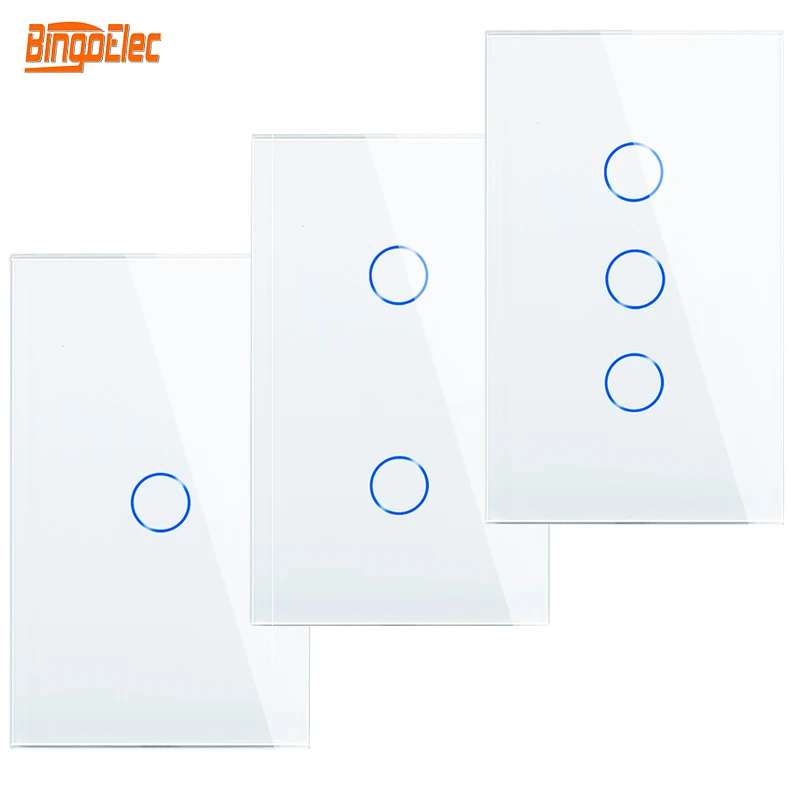

Bingoelec Wall touch light switch US standard Tempered Glass panel 1/2/3 gang 1way Home No neutral wire Sensor Switch