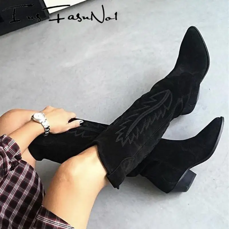 Cow Suede Leather Knee Boots Block Heel Western Cowboy Brown Boots Slip On Retro Casual Walking Designer Botas Mujer Chunky Shoe images - 6