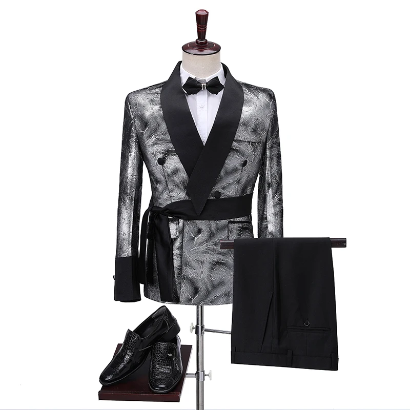 Latest Coat Pant Designs 2022 Slim Shiny Silver Smoking Jacket Italian Tuxedo Dress Double Breasted Men Suits For Wedding Groom