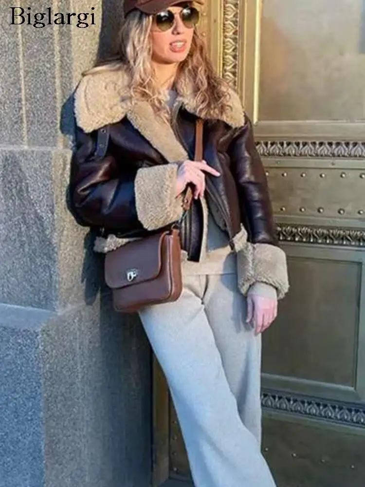 

Женская кожаная куртка с длинным рукавом, Повседневная Свободная укороченная куртка в стиле пэчворк, Осень-зима 2023