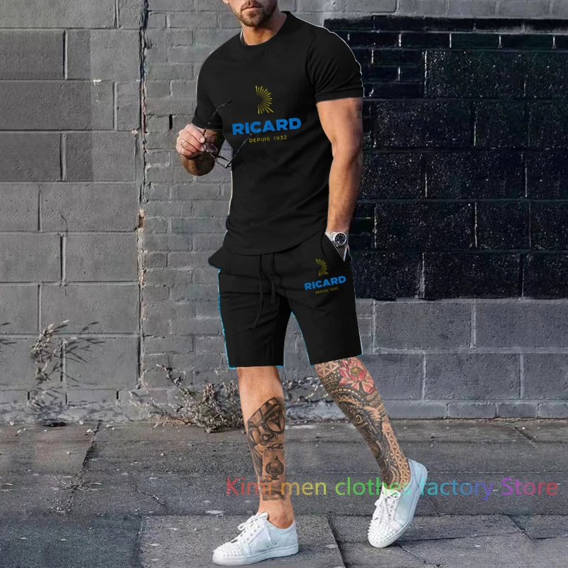 Cotton 2 pieces set Men Short Sleeve T-shirt Shorts Tracksuit Jogging suit France Ricard Summer tshirt set men Short Outfits set