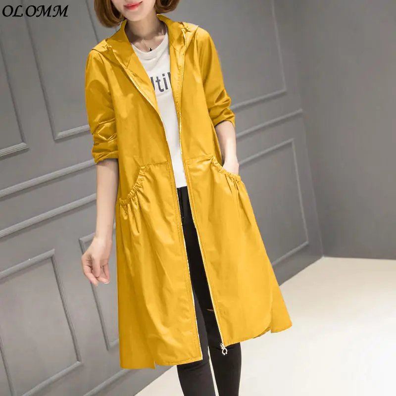 

Windbreaker Female Coat Hooded Autumn New Korean Leisure Women's Over Knee Loose Vintage Overcoat Black Trench Jacket Yellow