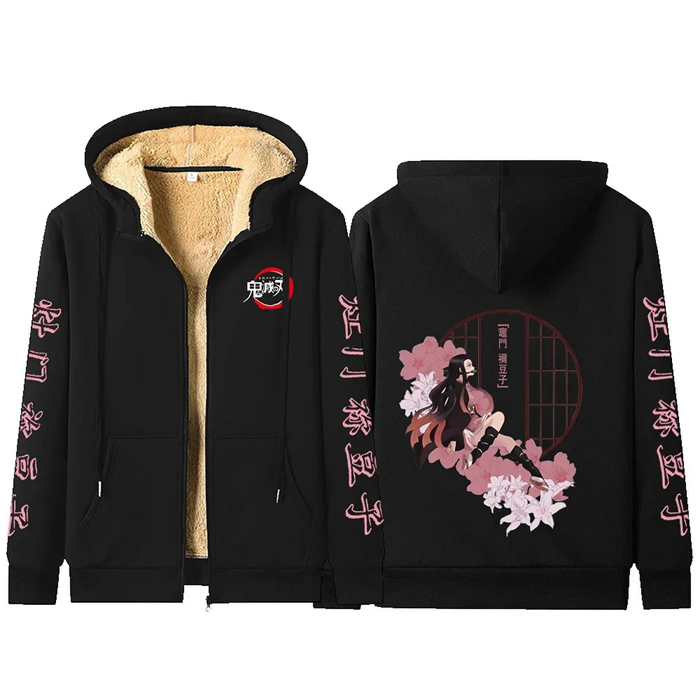 

Anime Lambswool Jackets Y2k Jackets Nezuko Printing Sweatshirt Thicken Warmer Hoodies Winter Clothing Demon Zip Up Hoodies