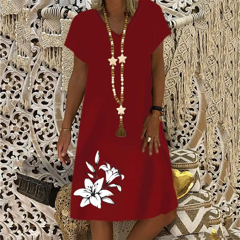 Новинка лета 2022 женское платье с коротким рукавом и принтом лилии повседневное