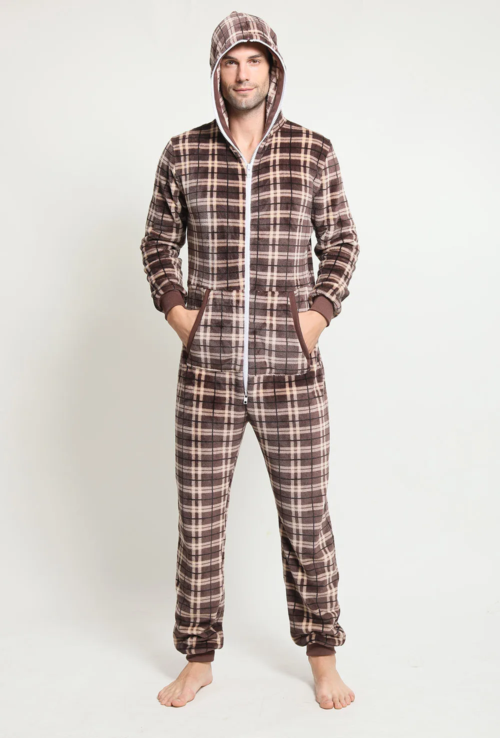 2022 Sleepwear for Men Pajamas Hoodies Robe Flannel Plaid One Piece Full Zipper Mens Onesie Long-sleeved Plaid Pijamas Hombre