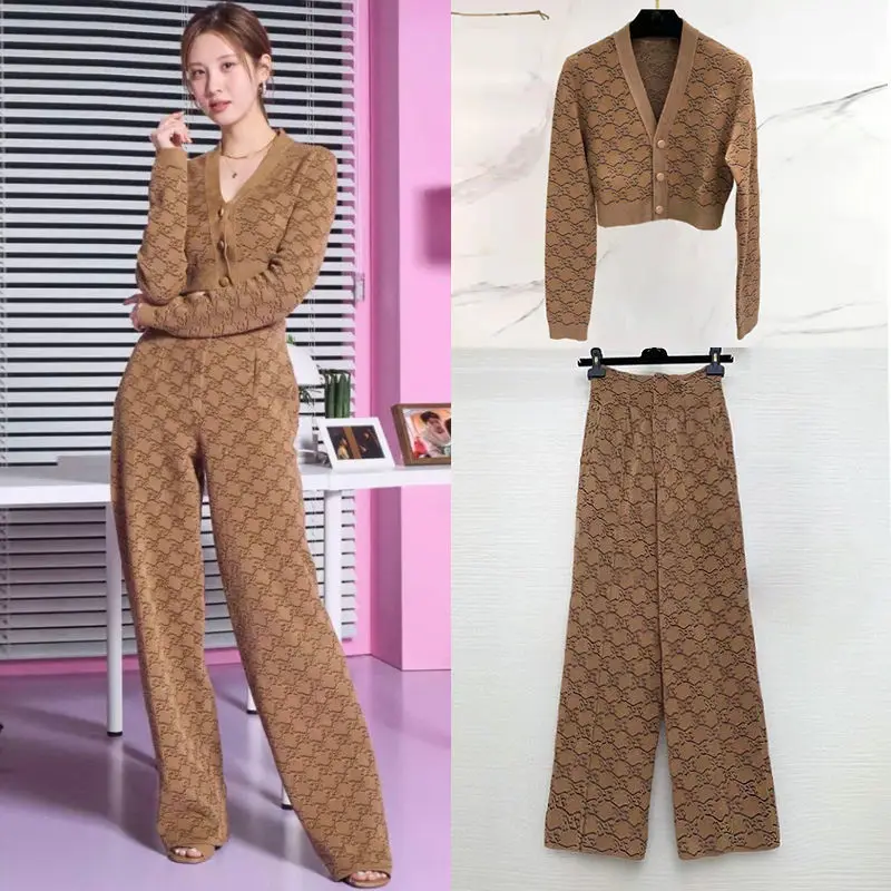 

2022 New Women V-neck Sweater and Casual Pants Suits Female Two Piece Set Knit Pants Wide Leg Jogging Pants Pullover Suits G30