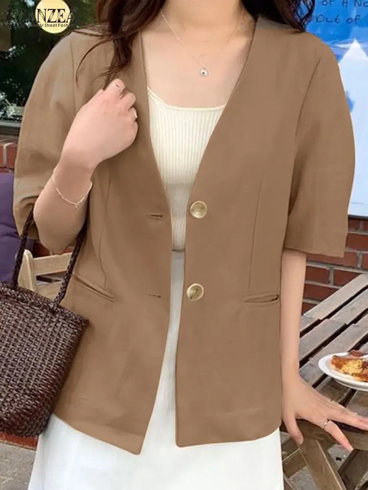 

2023 ZANZEA Woman Elegant OL Office Blazer Summer Half Sleeve V-Neck Suits Fashion Solid Color Outwear Female Vintage Jackets