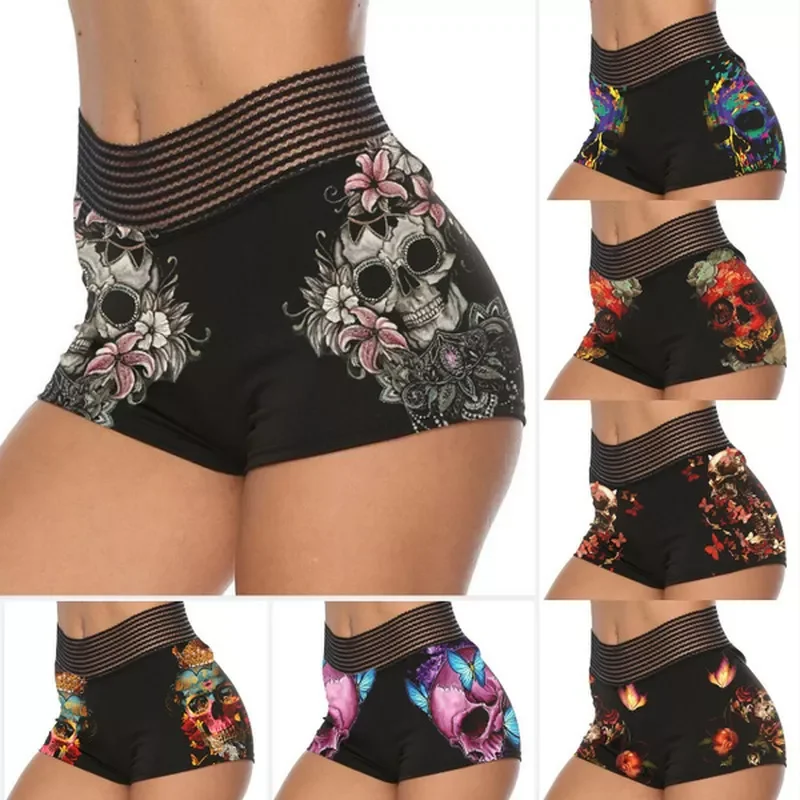 New in Skinny Rose Skull  Printed Patchwork Shorts Gothic Style Sexy Shorts Fashion Bodycon Leggings Shorts Plus Size jackets