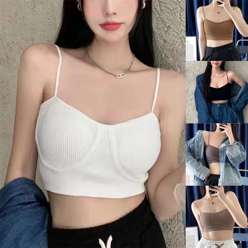 

Женские летние топы, трикотажные пикантные укороченные топы с накладками на груди, Женская майка без рукавов, женский топ с открытыми плеча...