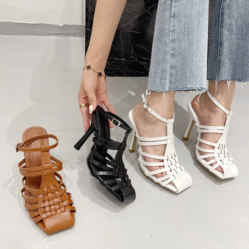 

Liyke Summer Hollow Out Gladiator High Heels Sandals Fashion Handmade Weave Square Toe Stiletto Women Pumps Party Dress Shoes