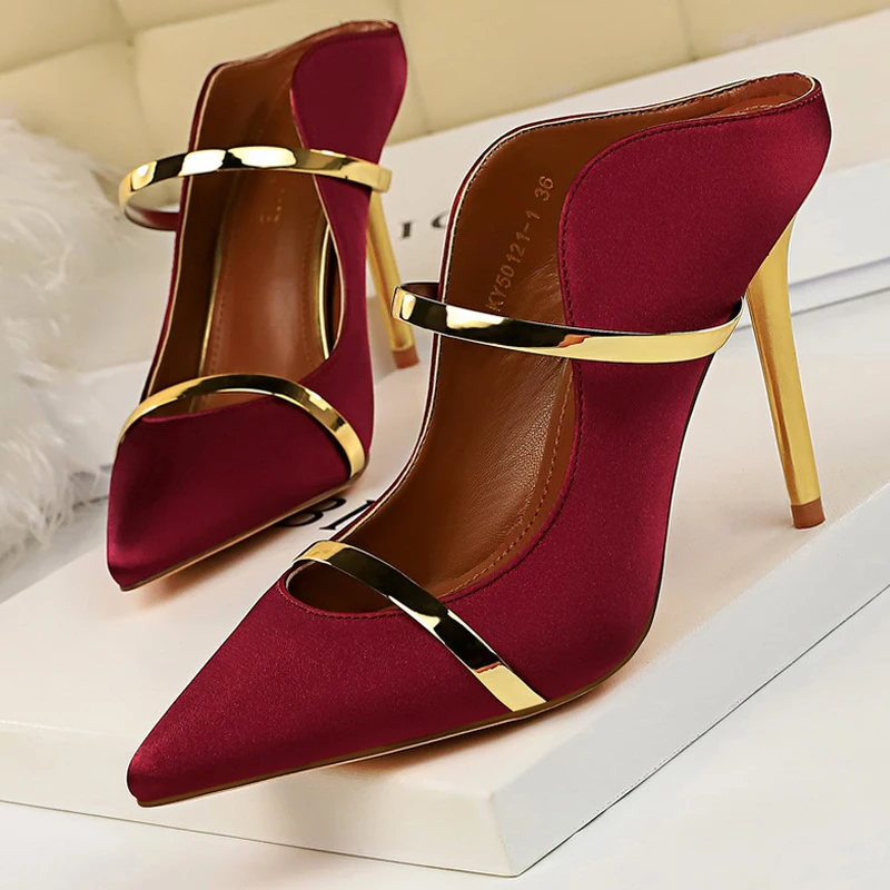 

Shoes Pointed Toe Women Slippers Satin Women Pumps Sexy High Heels Women 10 Cm Stiletto Heels Female Slippers Lady Shoes