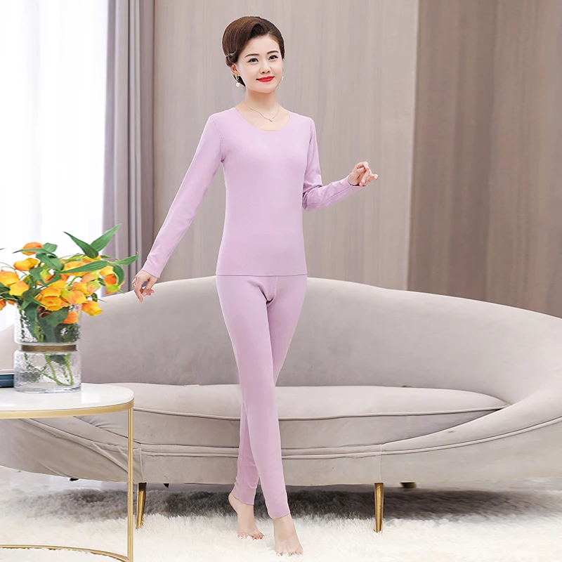 Winter Women Soft Warm Long Johns Thermal Underwear Sets Light Purple Pink Skin Color Black Comfort Pajama Top And Pant Sets