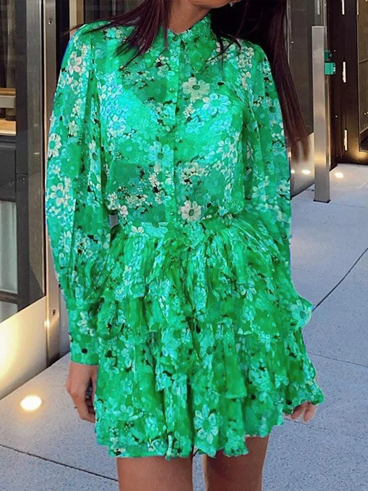 

2022 Spring Elegant Sweet Slim Floral Print Suits Fashion Long Sleeve Lapel Button Shirt + Ruffles Skirts Women Sexy 2 Piece Set