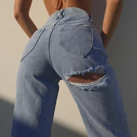 casual blue jean pants summer women hollow out fashion vintage denim trousers high waist vintage wide leg sexy pants streetwear