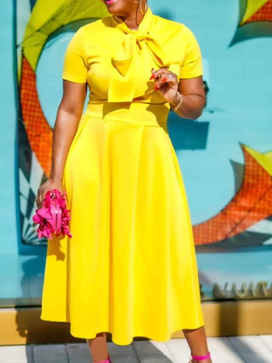 

LW Office Lady Plain Maxi Dresses Tie Neck A Line Bow Dress Short Sleeve Ball Gown Yellow Ankle Length Tie-Waist Long Vestidos
