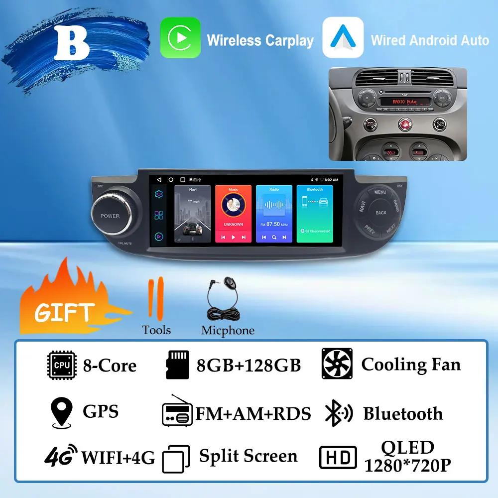 

Для FIAT 500 Abarth 2007-2015 Android 15 Carplay Auto 7-дюймовый GPS Navi Автомобильный радиоприемник Мультимедийный плеер Разделенный экран Видео DSP 4G BT