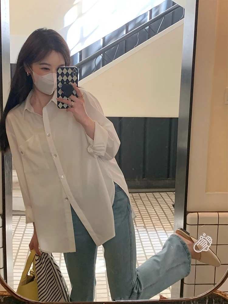 

White and blue two-color shirt women's design niche summer new loose casual pocket solid color shirt