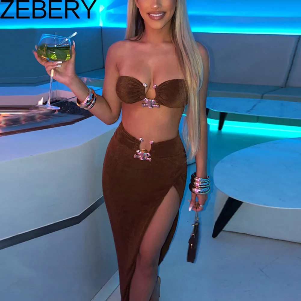 

Женское бархатное платье-макси ZEBERY, укороченный Топ без бретелек с высокой талией и разрезом, костюм из 2 предметов, осень 2022
