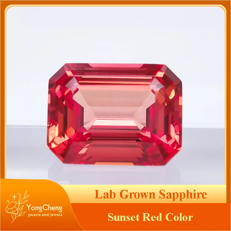 Выполненный в лаборатории сапфир закат красный цвет изумрудная огранка