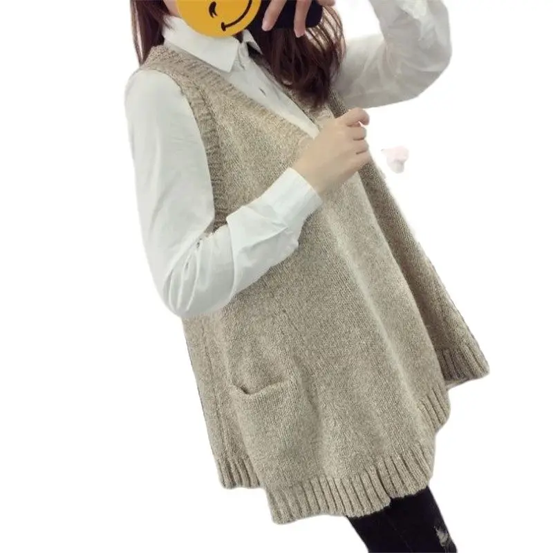 

Women Long Vest Knit Gilet Sweater Loose Waistcoat Winter Pockets Solid Elegant Daily Soft Design Retro Female Свитер Женский