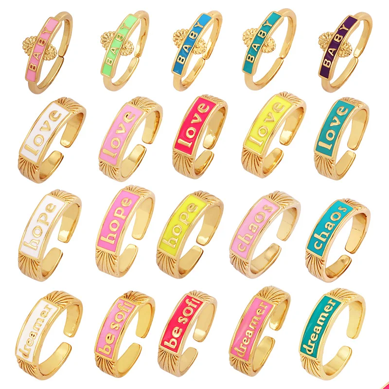 Детское кольцо на палец с надписью LOVE HOPE DREAMER, открытое регулируемое кольцо с цветной эмалью, Ювелирная фурнитура