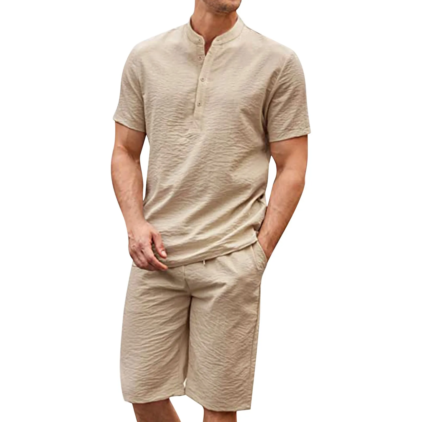 

Cotton Linen T Shirt Shorts Set Summer 2 piece suit solid Color Male set hlaf Button Ropa Hombre Henry Collar Conjuntos 2023