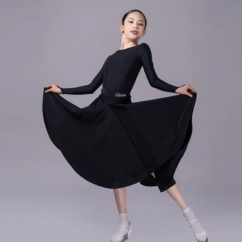 Синее черное платье для соревнований по латинским танцам с длинными рукавами