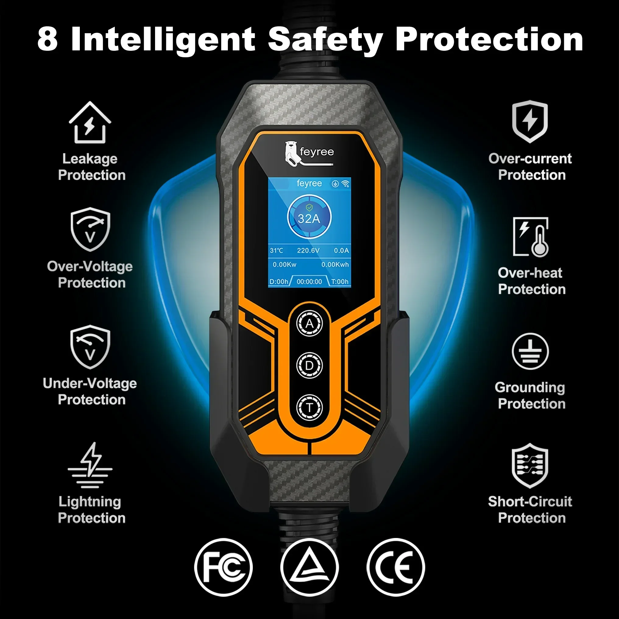 Feyree Type1 Plug j1772 32A 7KW 1P Портативное зарядное устройство для электромобилей с